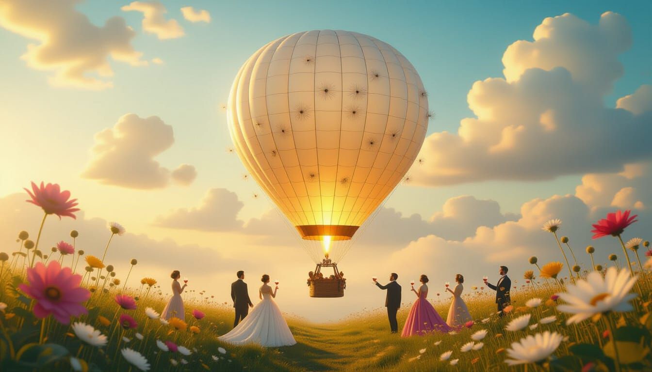 Dandelion Hot Air Balloon in Surreal Fantasy Landscape