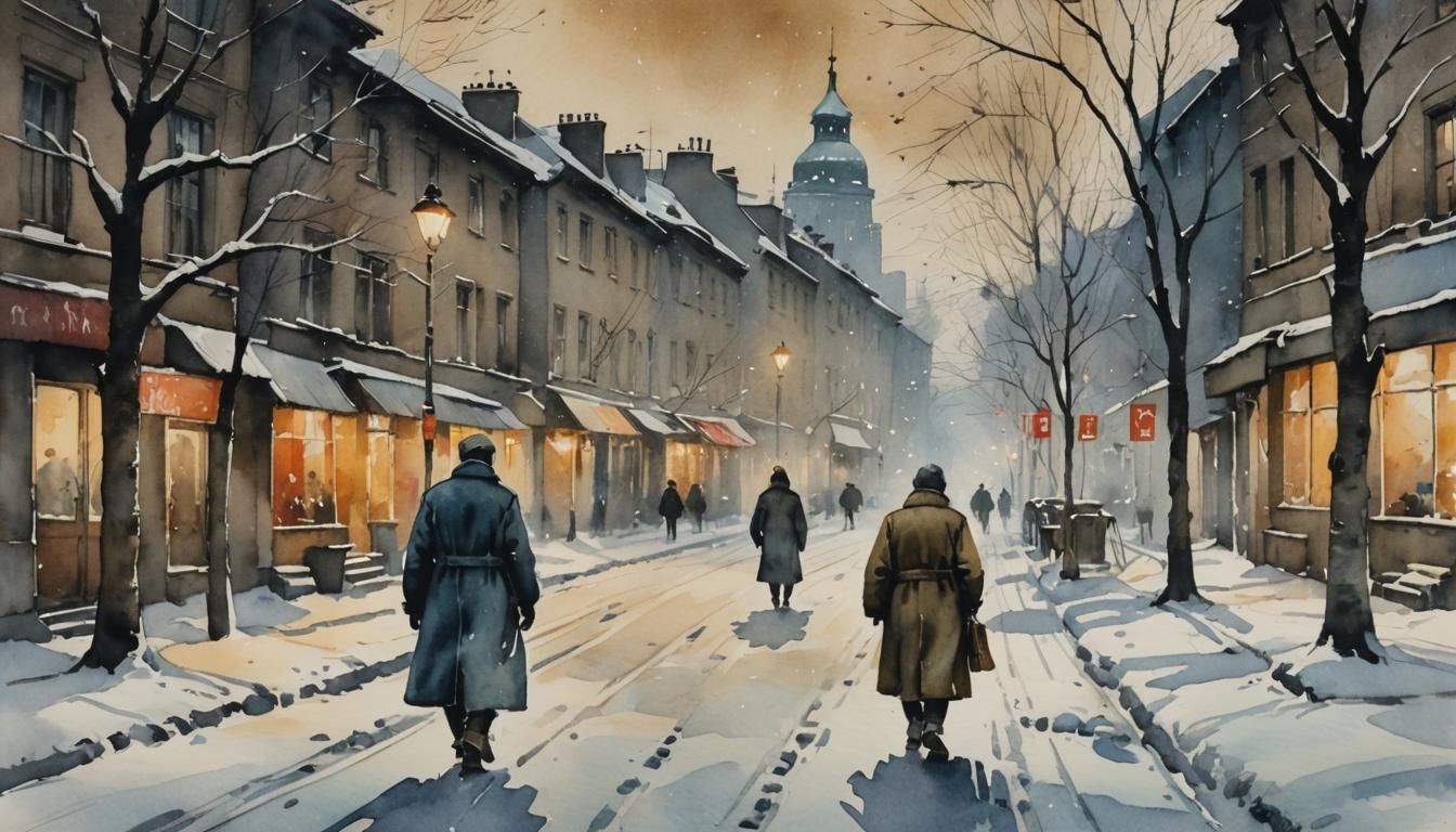 Winter City Street Scene in Watercolour Style