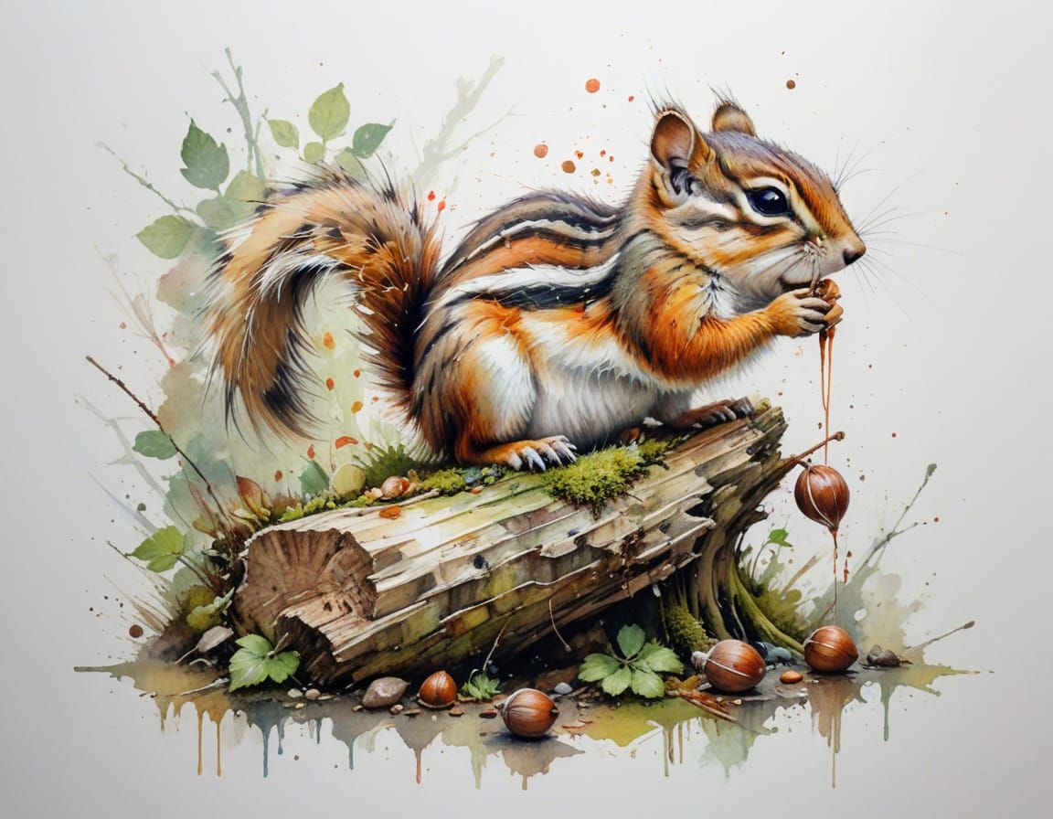 Chipmunk Nibbling Hazelnut on Mossy Log