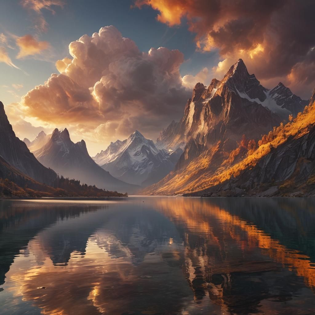 Golden Sunrise Over Mountain Lake: Digital Matte Painting