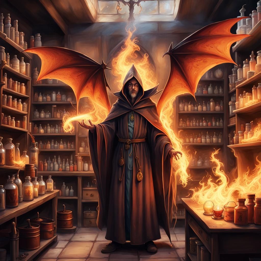 Wizard in Alchemist Shop with Fire Creatures