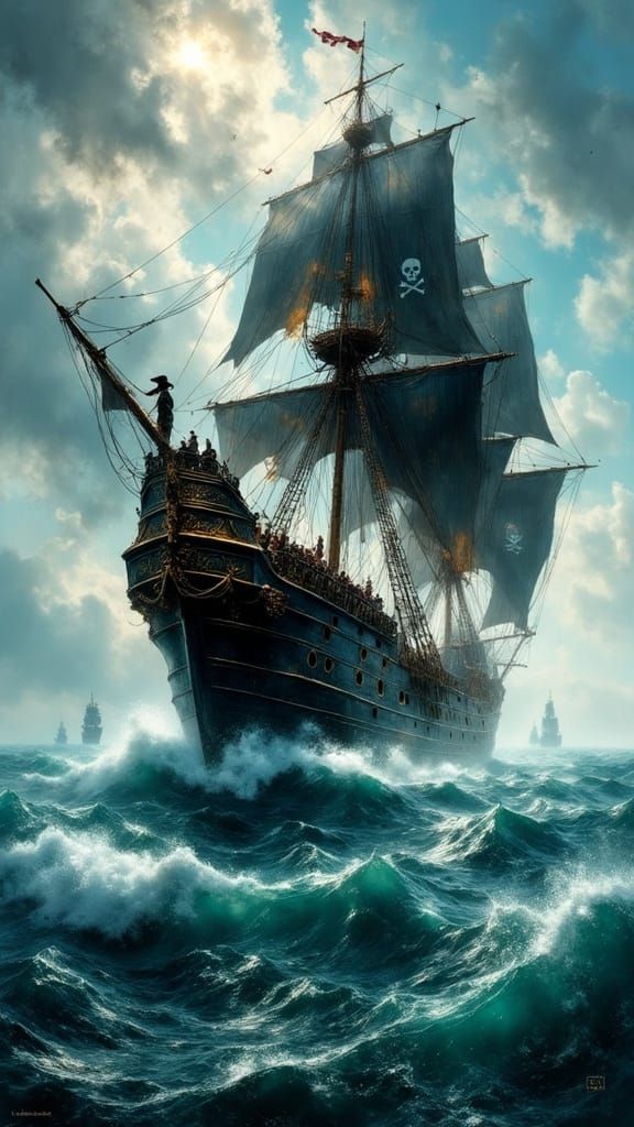Pirate Ship Charging Across the Open Sea