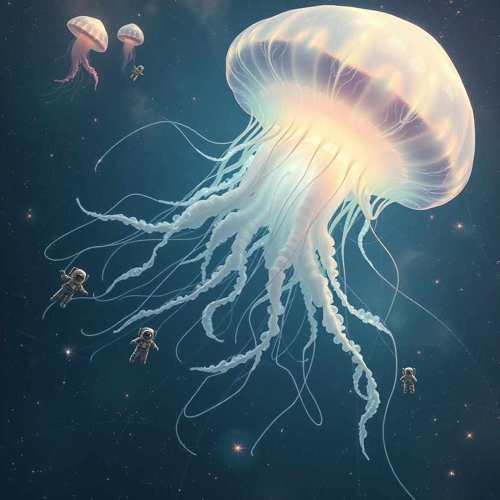 Bioluminescent Jellyfish Drifting Through Starry Space