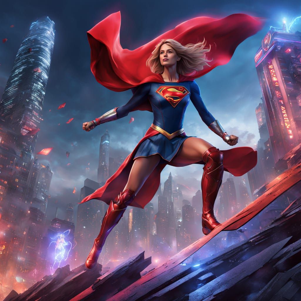 Taiwanese Supergirl Hero in Neon-Lit Taipei Cityscape