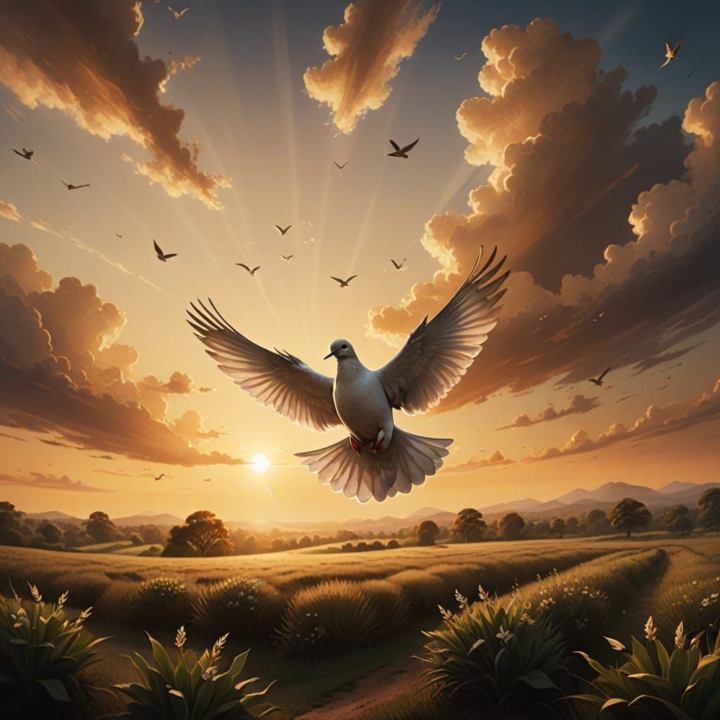 Dove of Peace Flies Over Serene Landscape at Golden Hour