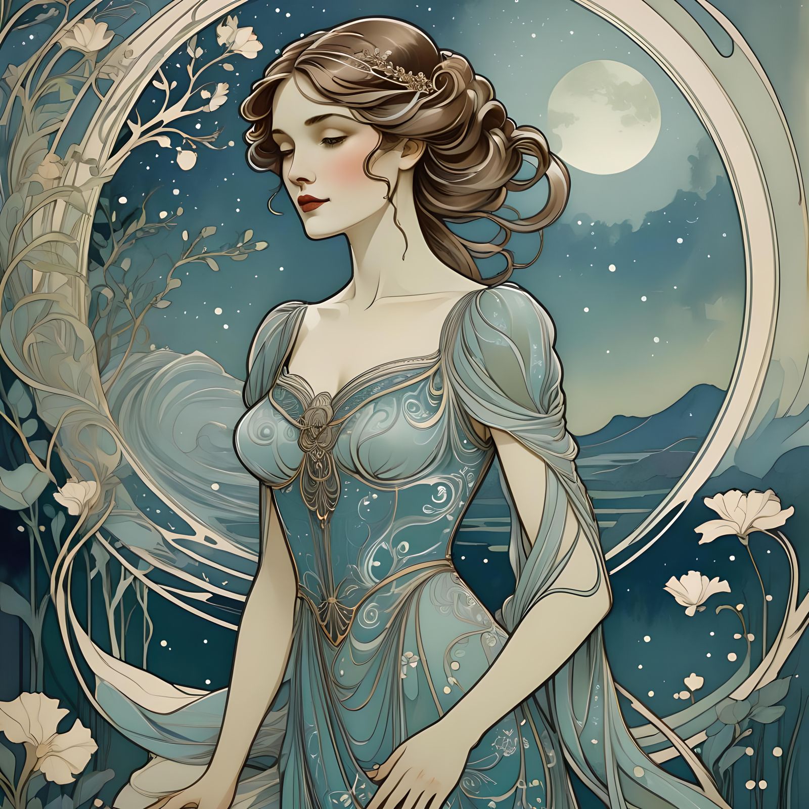 Enchanting Art Nouveau Night Scene with Waiting Woman