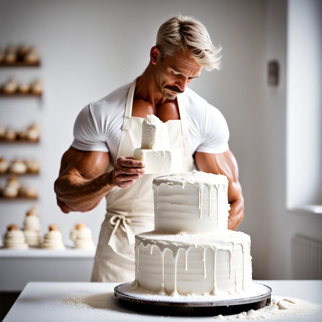 Handsome Bodybuilder Decorates White Wedding Cake, Professio...