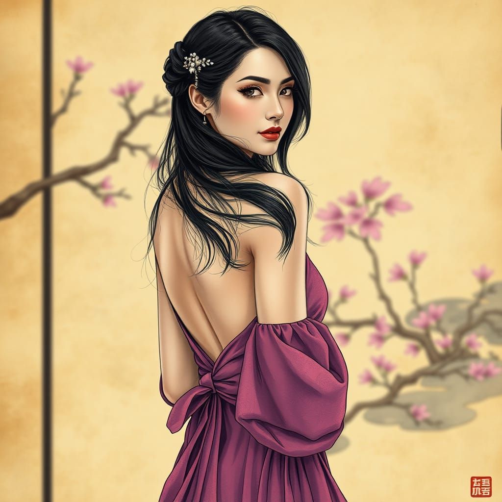 A delicate black ink drawing on aged rice paper portrays a beautiful caucassian woman in a flowing designer dress. From ...