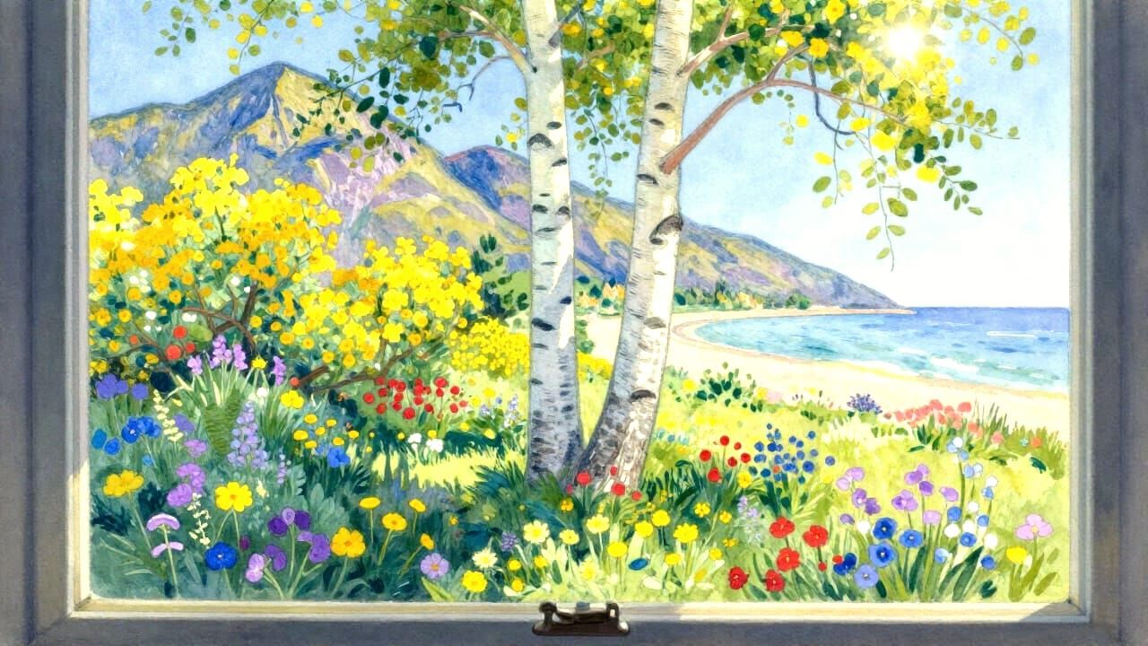 Serene Garden View with Birch Trees and Mountains