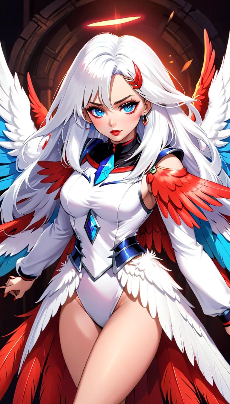 Cartoon Sorceress with Colorful Wings and Helmet