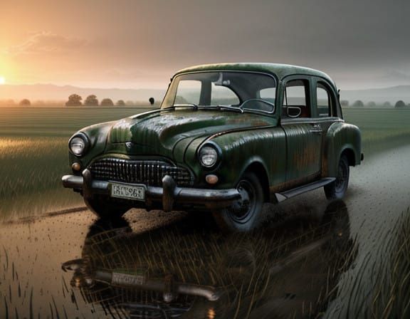 Epic Bronze Car Portrait in Green Fields at Sunrise