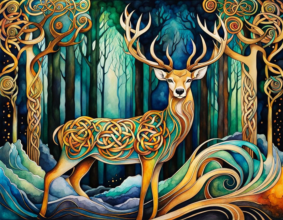 Celtic Stag in Forest, Nouveau Vague Illustration