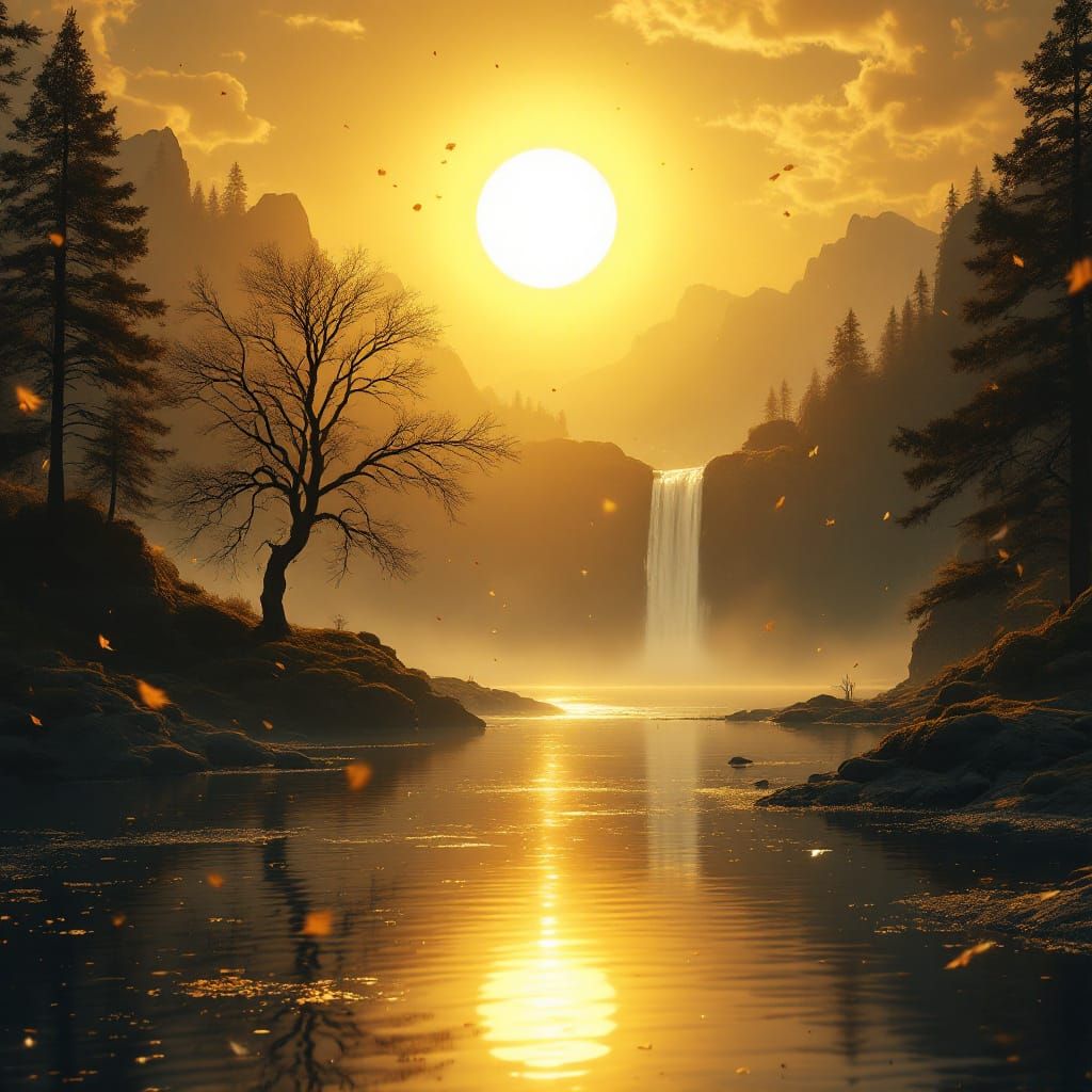 Golden Landscape with Tranquil Waterfall and Reflective Lake