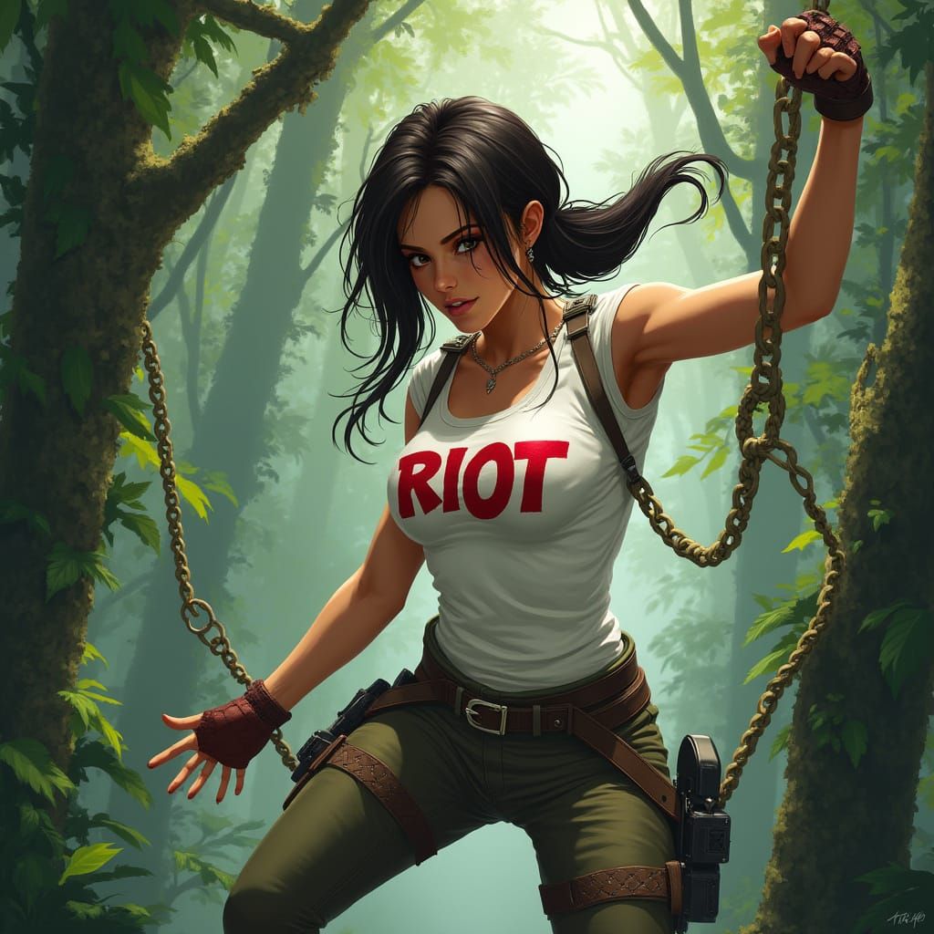 Lara Croft Action Shot in Hyperrealistic Style