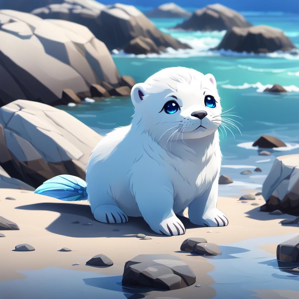 Anime Seal Cub on Rocky Beach in 3D