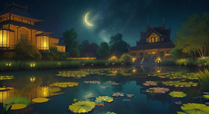 Glowing Golden Lanterns in Water Lily Pond