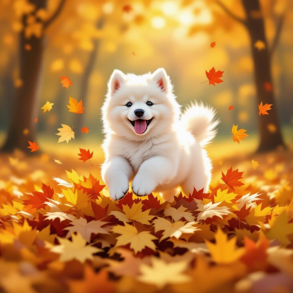 Samoyed Puppy Leaping in Autumn Leaves