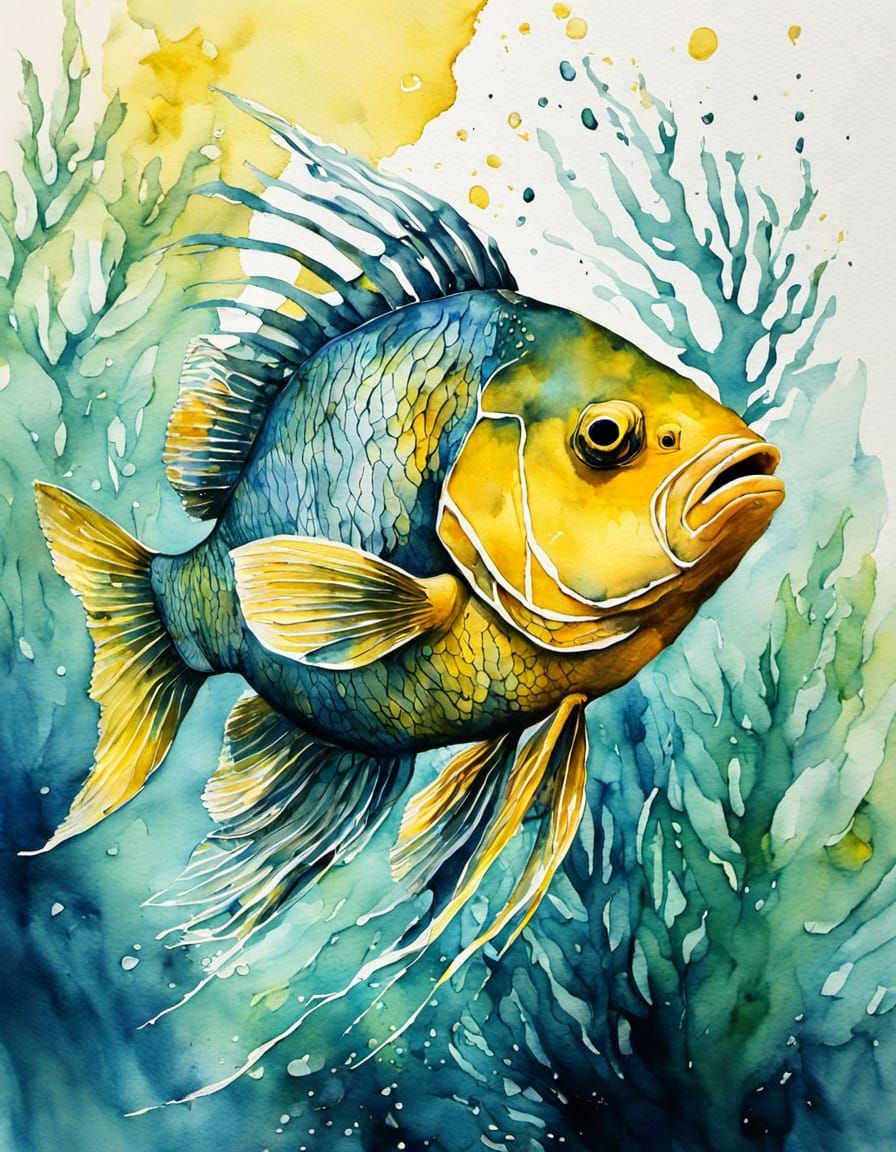Whimsical Watercolor Illustration of a Big Fish Hiding in th...
