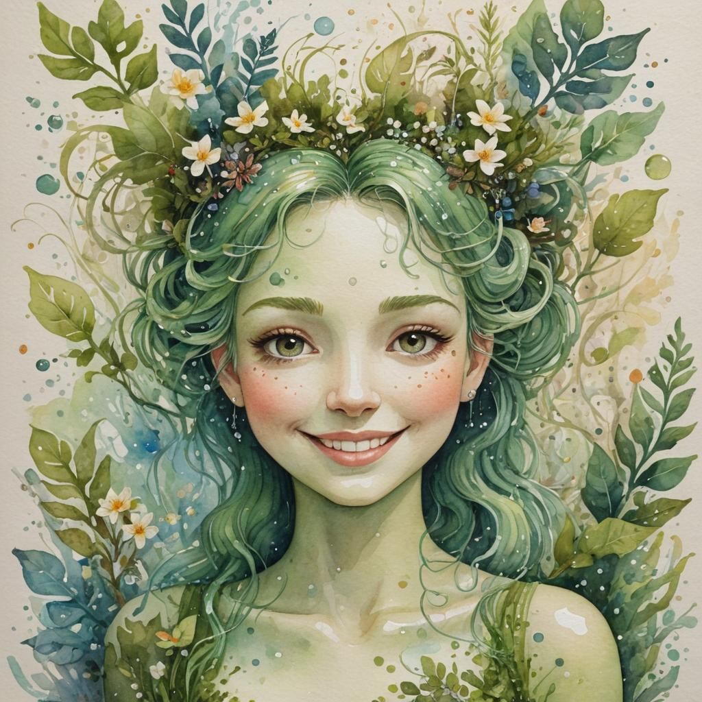 Nature Water Queen Illustration in Watercolor Style
