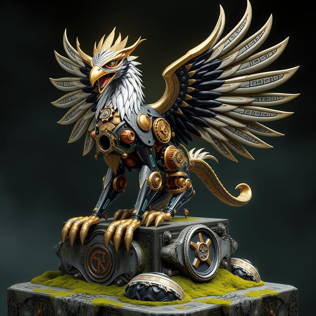 Art Deco Mechanical Griffin on Stone Pedestal