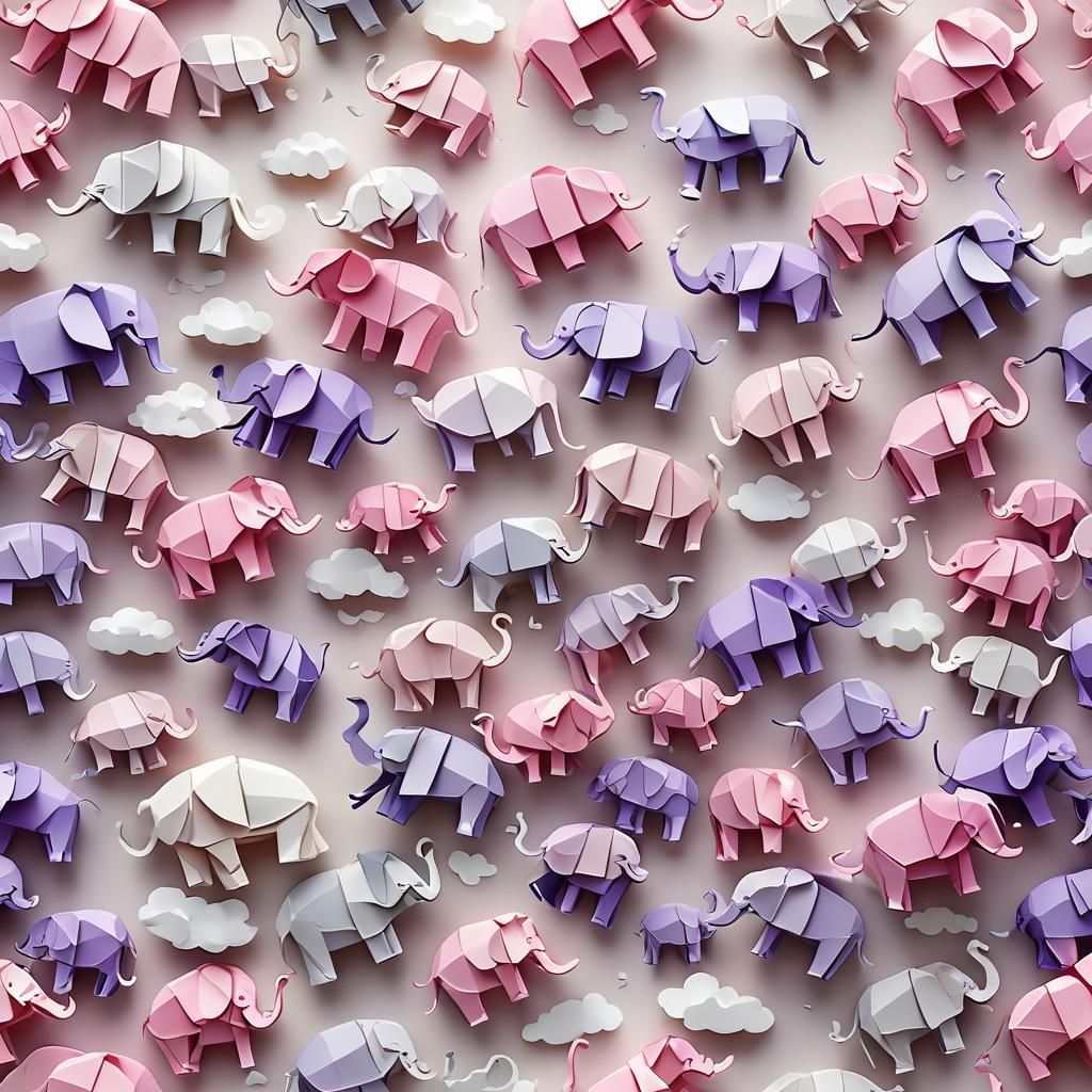 Pink and Purple Flying Elephants in Papercraft Style