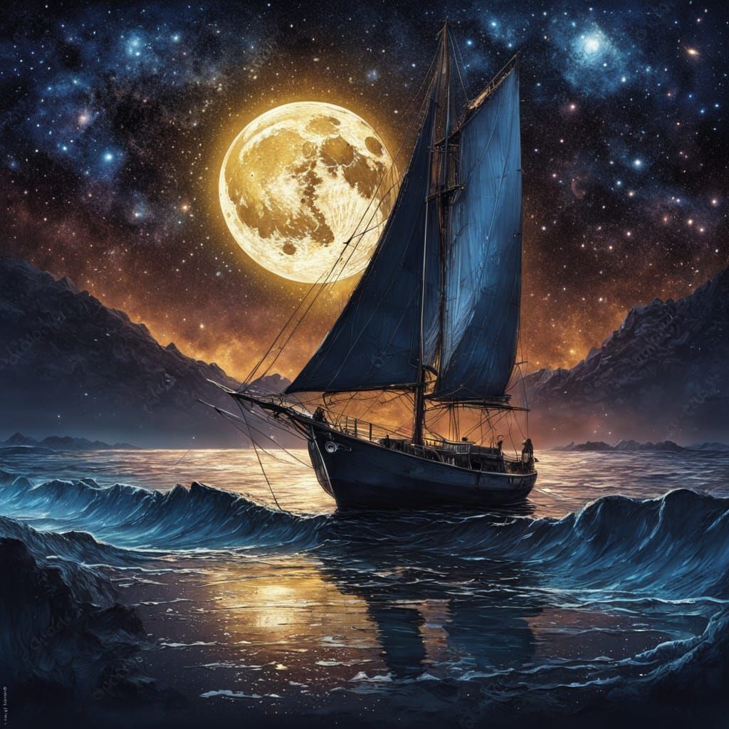 Golden Sailboat Under Starry Night Impressionist Masterpiece