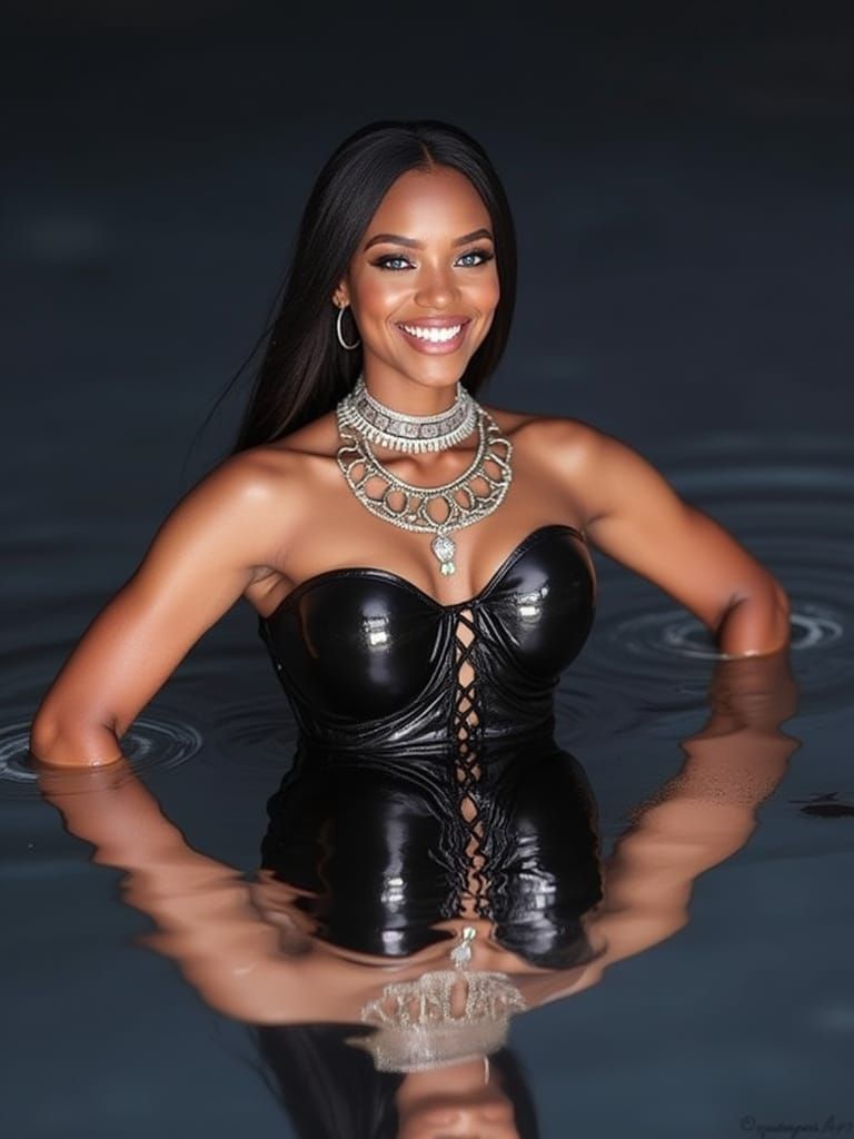 Stunning Black Goddess Basks in Serene Water