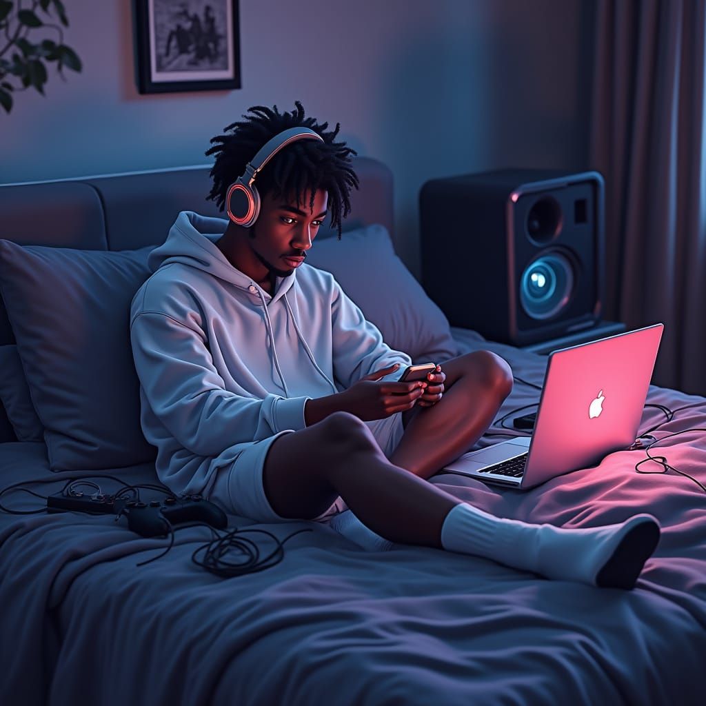 Relaxed Gamer in Dimly Lit Room with Tech Surroundings