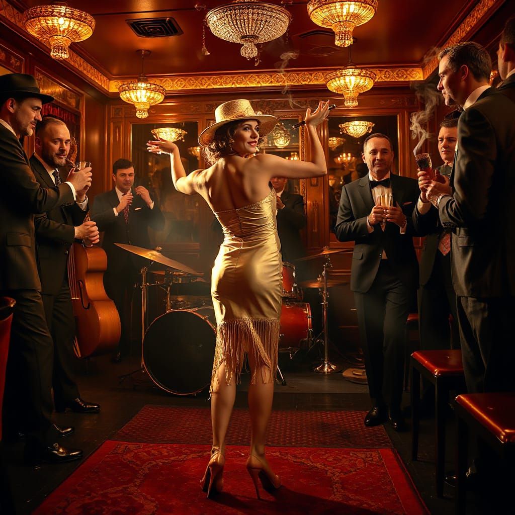 Glamorous Flapper Dances Charleston in Art Deco Speakeasy