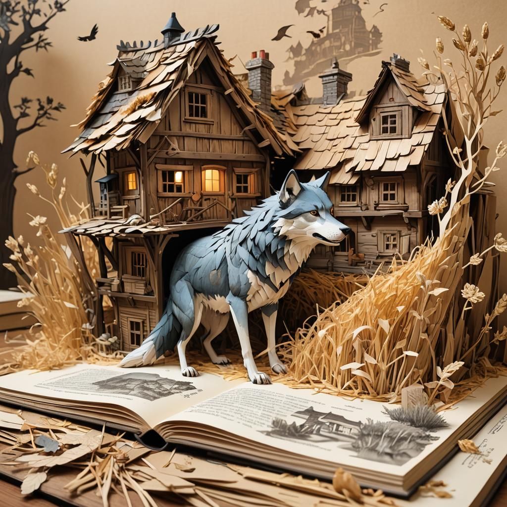 Cartoon Wolf Blows Down Straw House in Pop-Up Book