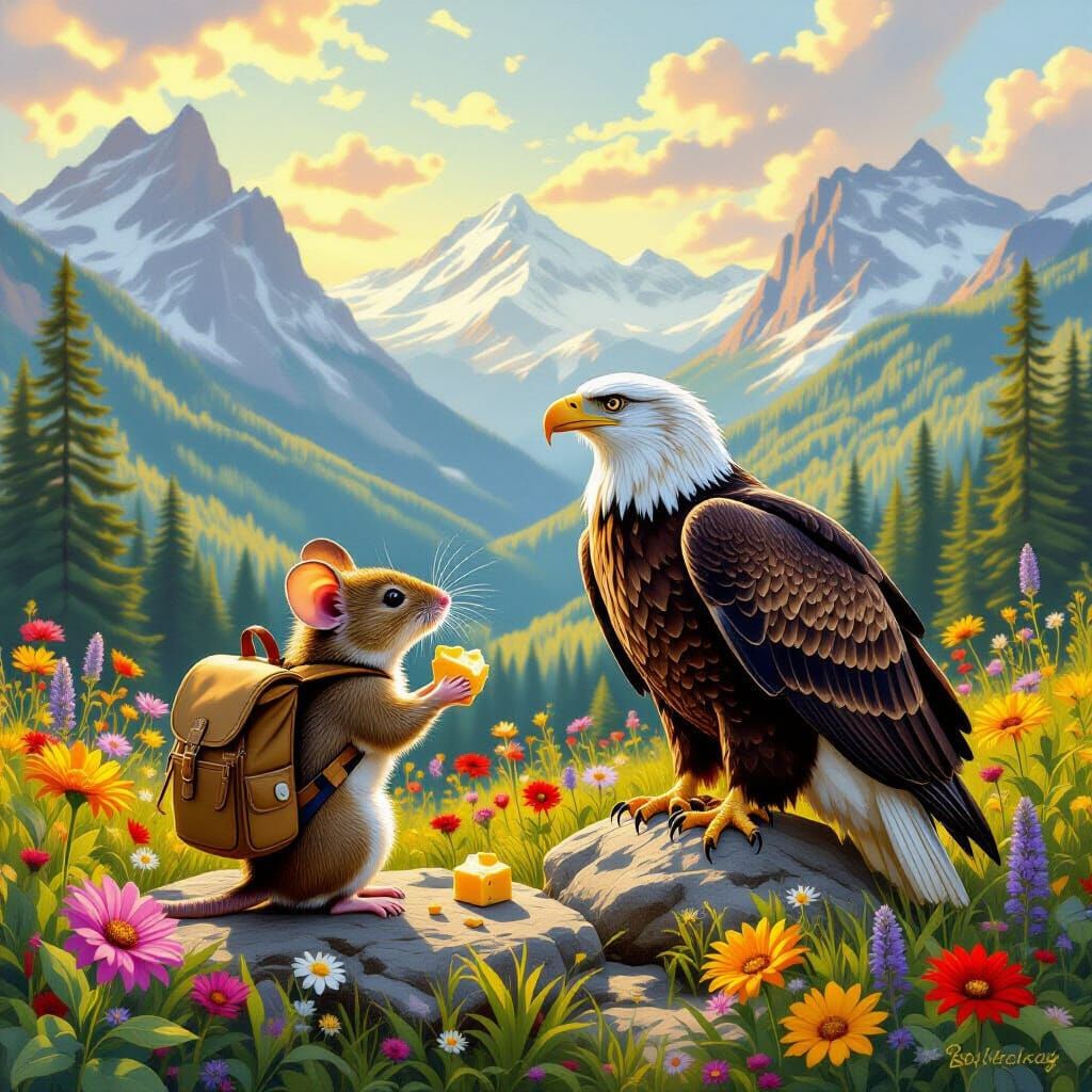 Mouse Feeds Eagle Cheese in Golden Mountain Landscape