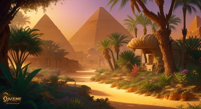 Caravan Approaching Oasis in Dreamlike Concept Art