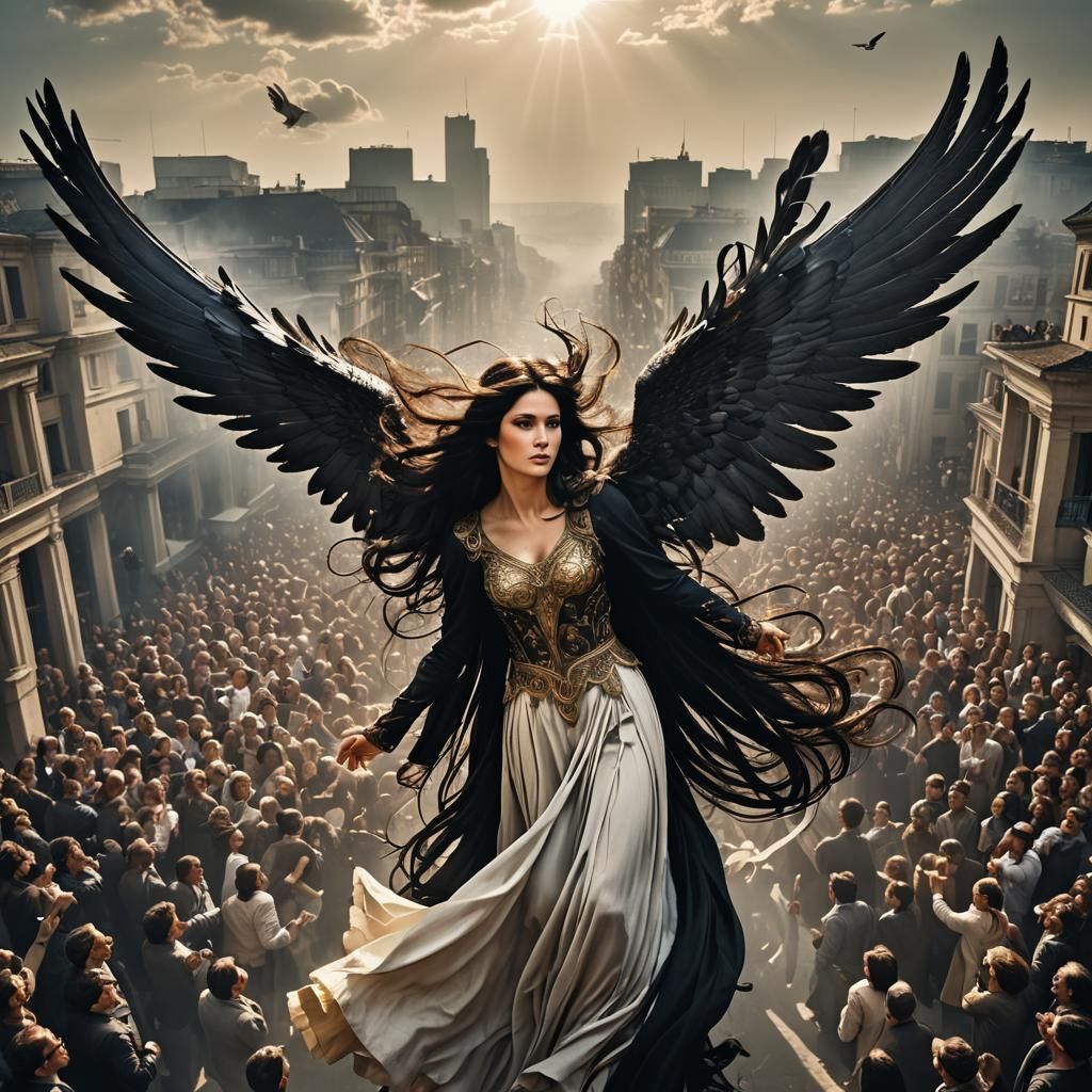 Gorgeous Angel Soaring Above People: Photorealistic 8K