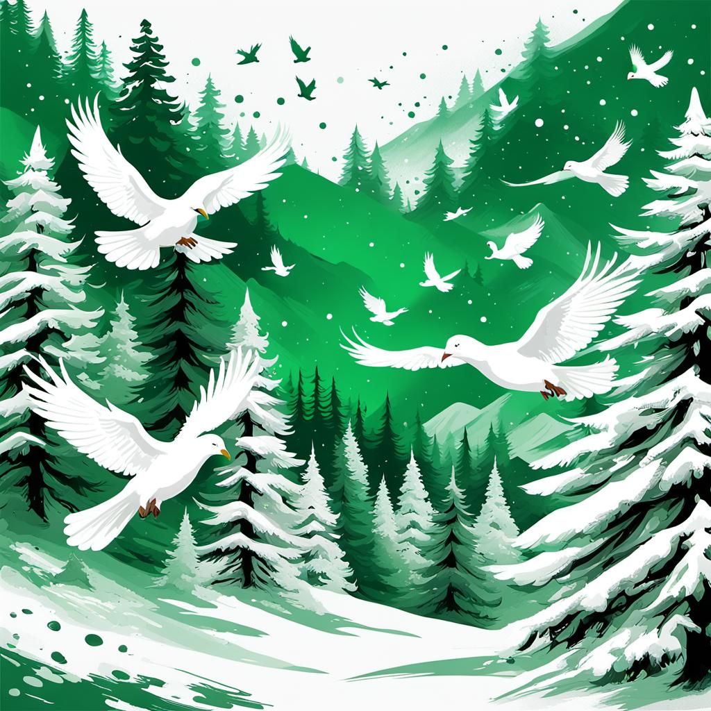 Green and White Forest with Doves in Alcohol Ink