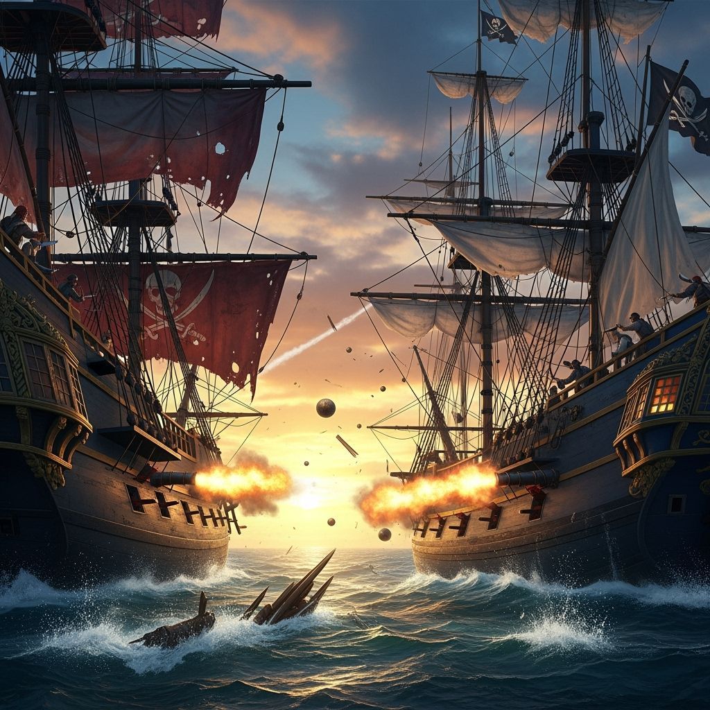 Pirate Ships Engage in Naval Battle at Sunset