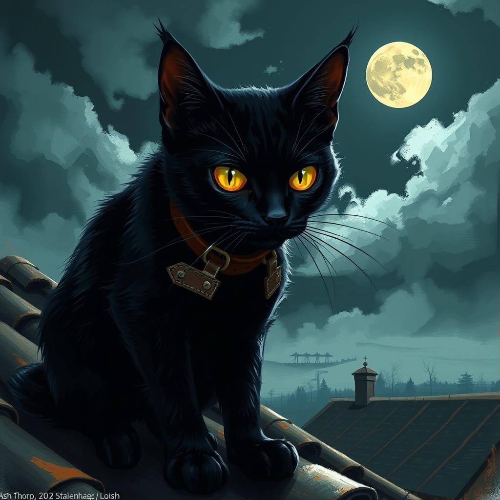 Hypnotic Black Cat on Tiled Roof in Dramatic Night