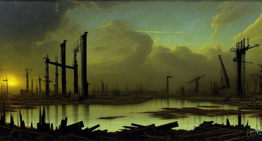 Wrecked Shipyard: A Dark Industrial Landscape Painting