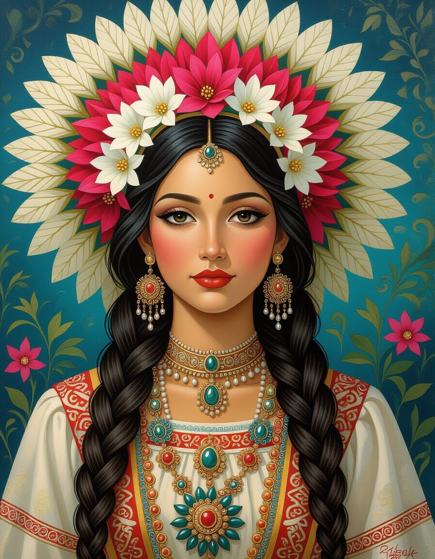 Epic Oil Painting Portrait with Floral Headdress