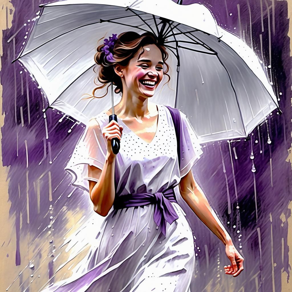 Woman in Rainy Chalk Art Portrait with Umbrella