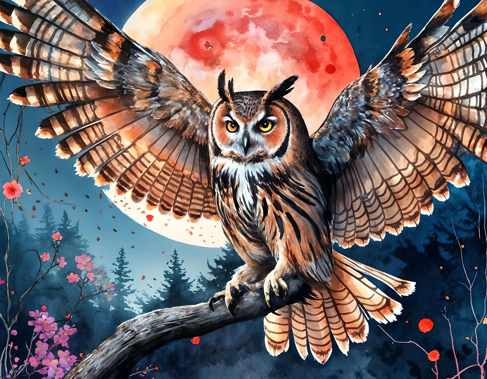 Owl Flying Under Blood Moon: Watercolor Illustration