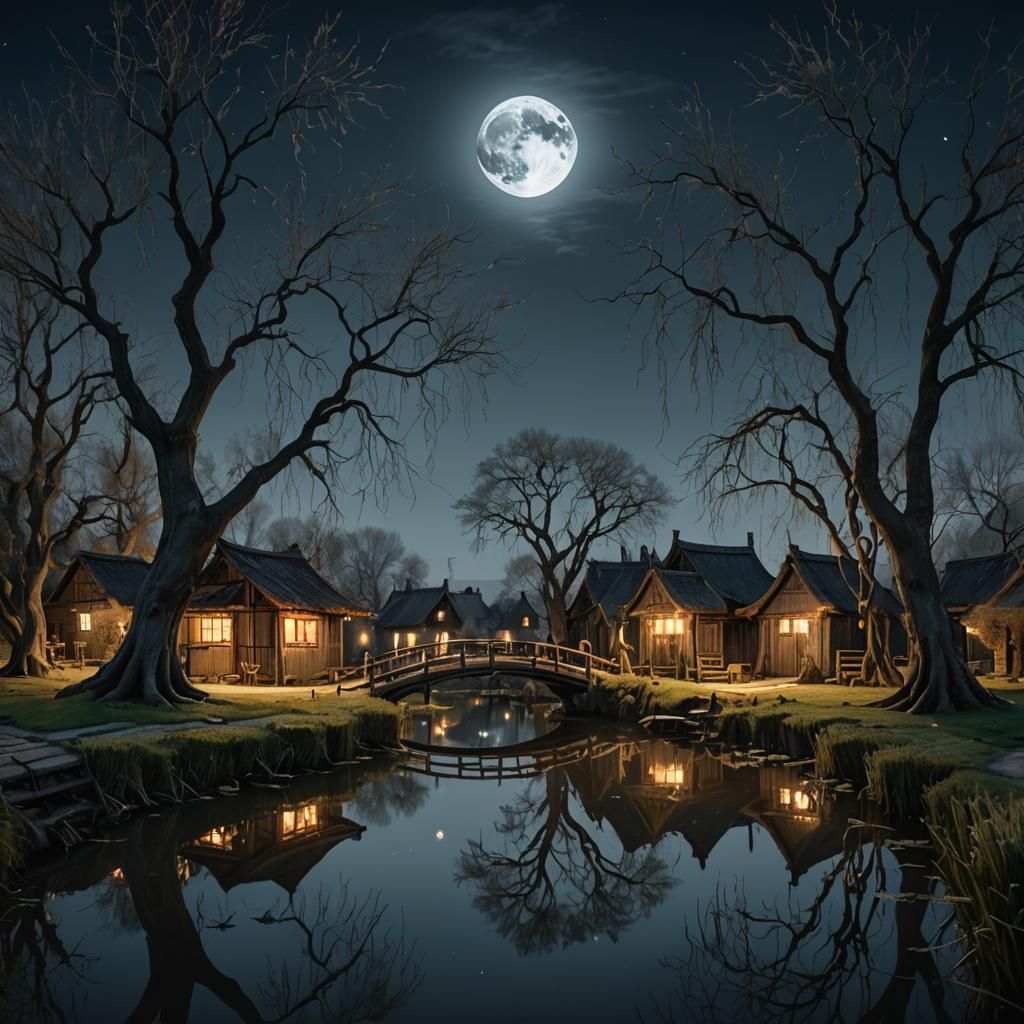 A village bathed in moonlight