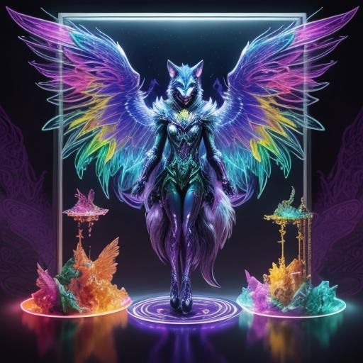 Psychedelic Glass Wolf with Neon Wings