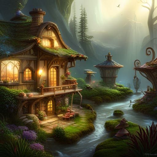 Fairies and Mushroom Houses in Ethereal Fantasy Style