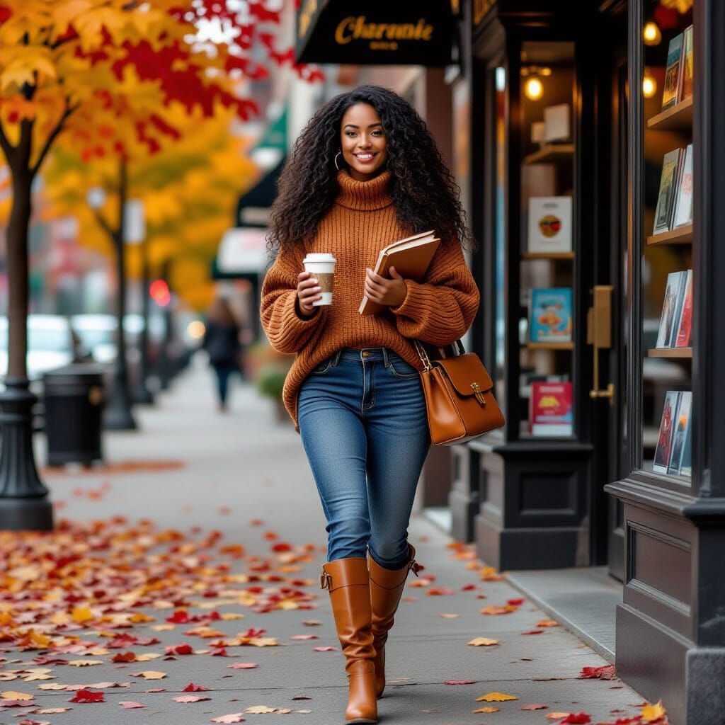 Black Woman Enjoying Autumn Outside Bookstore