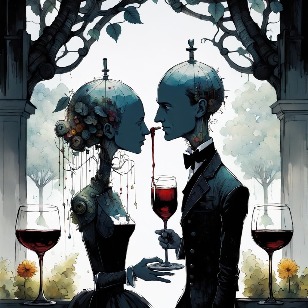 Android Butler Serves Wine: Dark Fantasy Line Art