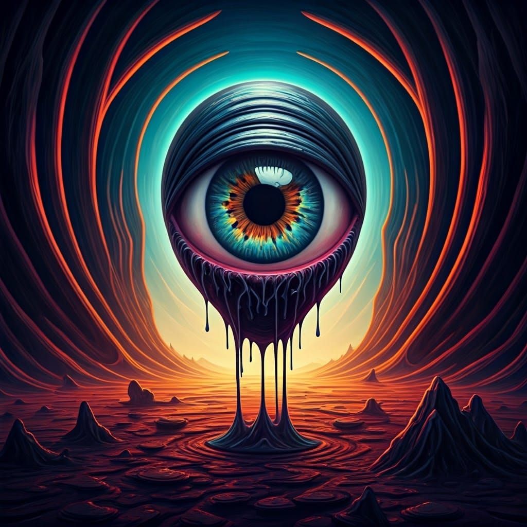 Surreal Alien God with Melting Eyes in a Dark Metallic Lands...