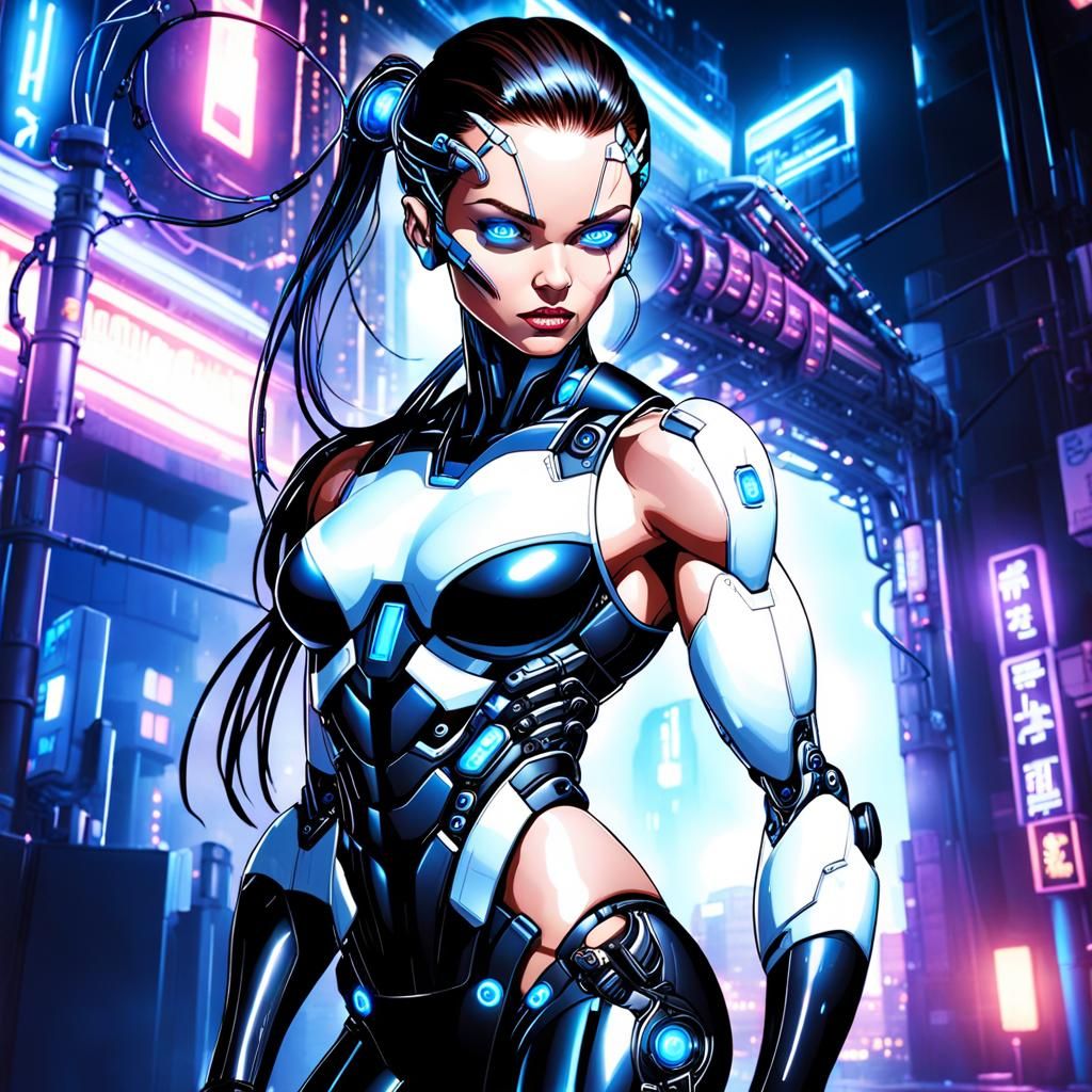 Cyborg Woman in Retropunk Metropolis Comic Art