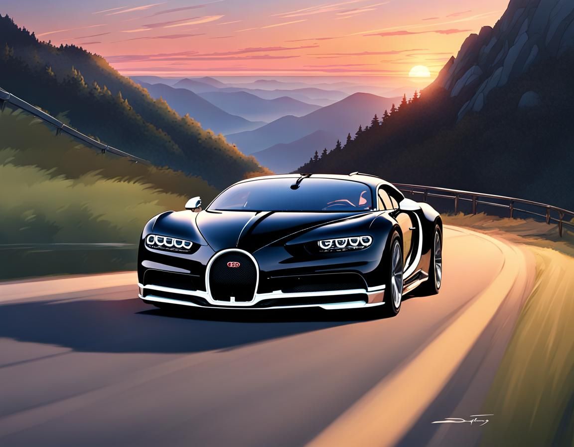 Black Bugatti Chiron at Sunset: Anime Style