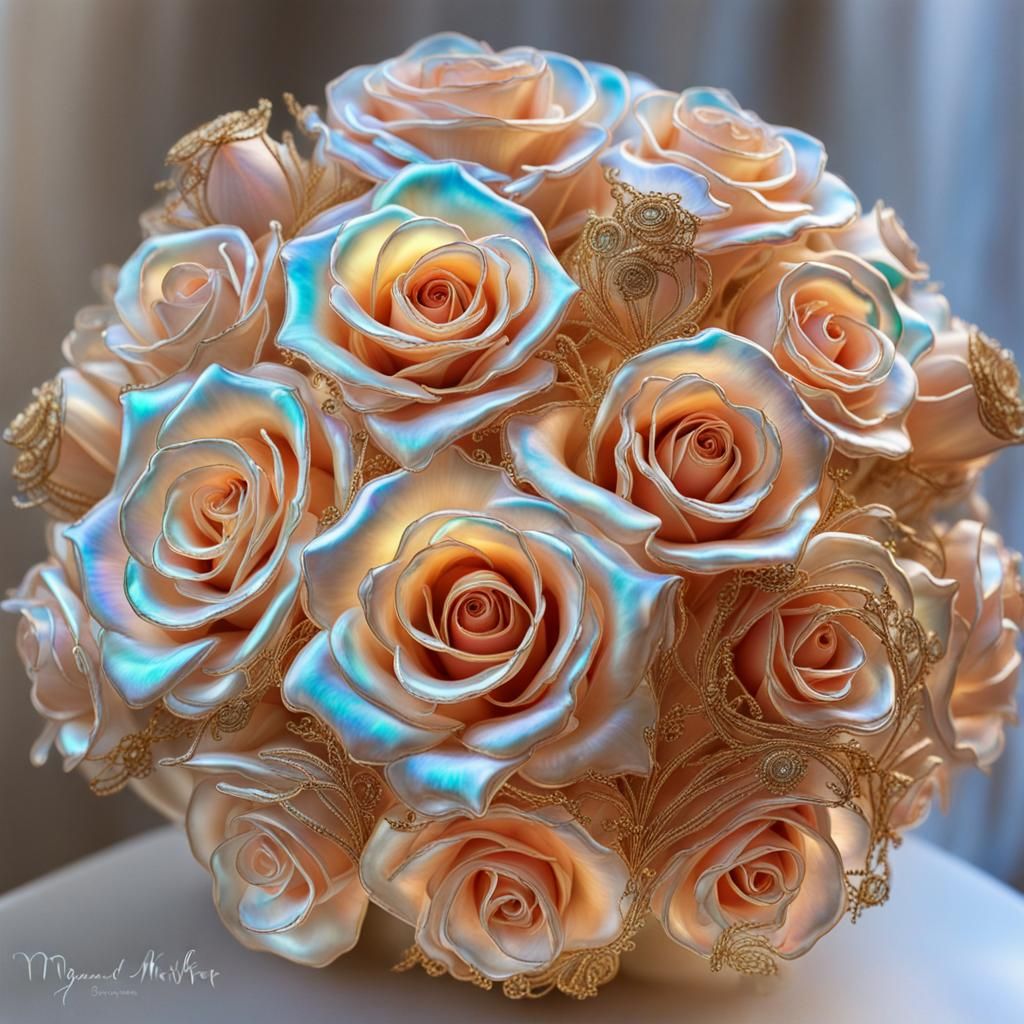 Iridescent Glass Rose Wedding Bouquet with Golden Accents