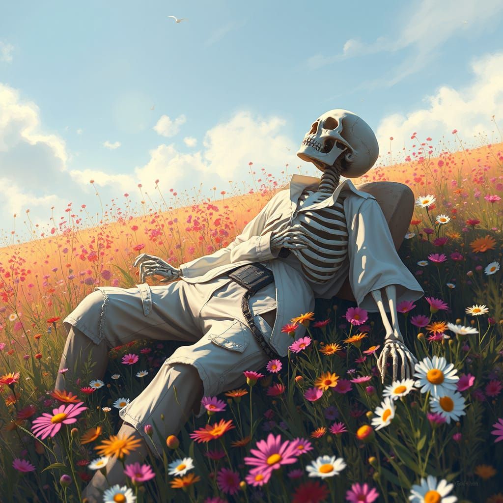 Skeleton's Serene Rest in Vibrant Flower Field